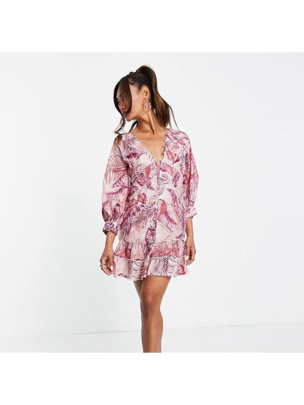 NWT ASOS palm print structured mini dress lace trim puff sleeve ASOS Curve Sz 18